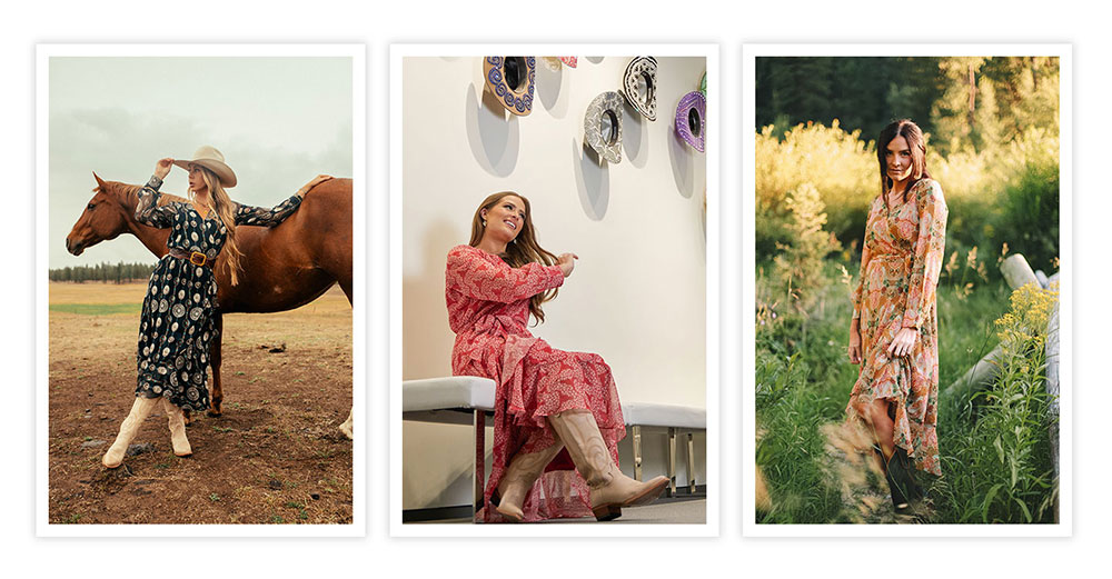 A collage of three women wearing three separate dresses, the Justin Women’s Wrap Maxi Dress in tan, green, and red.